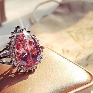 New Pink Tear Drop Halo 925 Sterling Silver Style CZ Ring